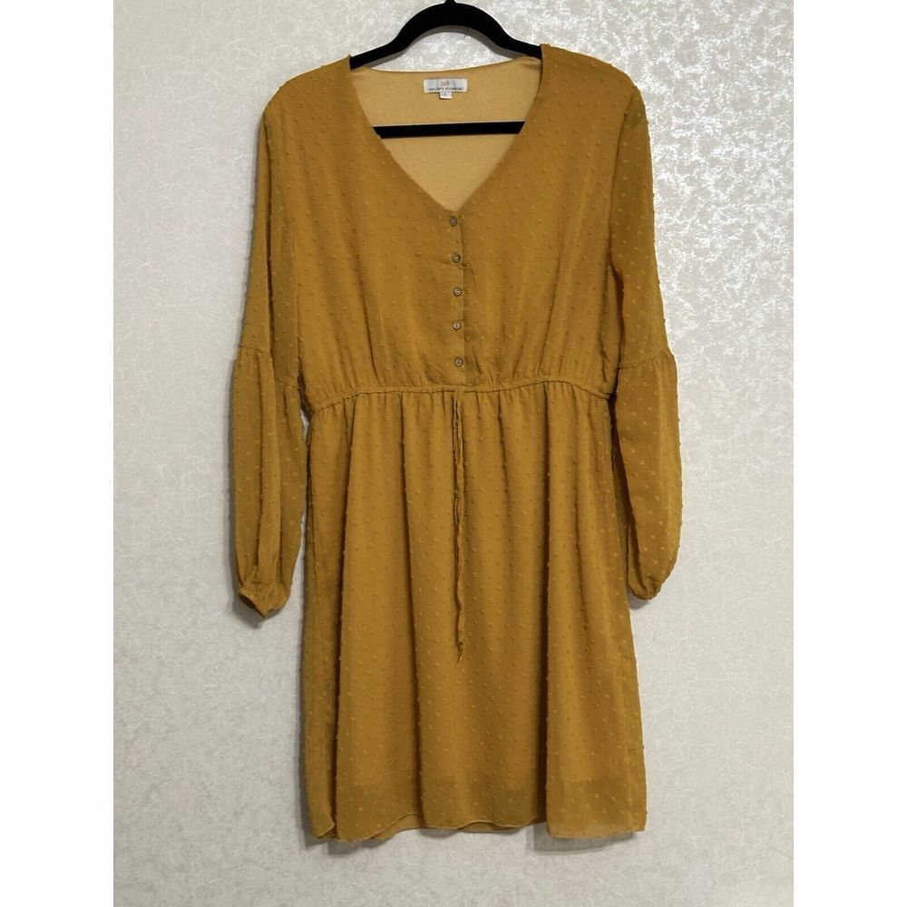 Bailey's Blossoms Mustard Yellow Swiss Dot Long Sleeve V-neck Dress Lined‎ L